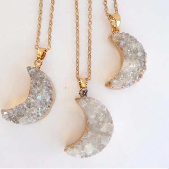 Gold Crescent Moon Druzy Pendant Geode Necklace - Picture 5 of 8